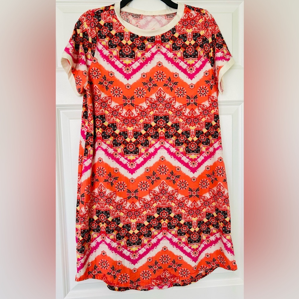 Vibrant Chevron Floral Shift Dress - Orange & Pink